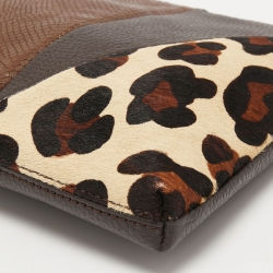 Pre Owned Aigner Brown/Beige Leopard Print Calfhair and Leather Zip Wristlet Pouch