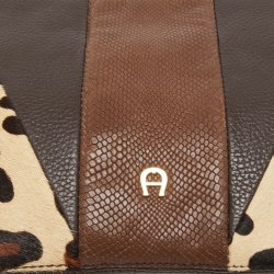 Pre Owned Aigner Brown/Beige Leopard Print Calfhair and Leather Zip Wristlet Pouch