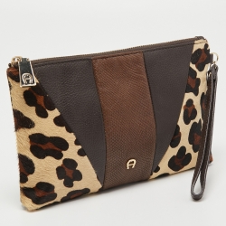 Pre Owned Aigner Brown/Beige Leopard Print Calfhair and Leather Zip Wristlet Pouch