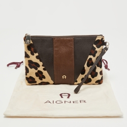 Pre Owned Aigner Brown/Beige Leopard Print Calfhair and Leather Zip Wristlet Pouch