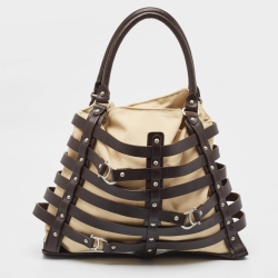 Pre Owned Aigner Brown/Cream Canvas and Leather Damascus Belted Tote