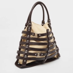 Pre Owned Aigner Brown/Cream Canvas and Leather Damascus Belted Tote