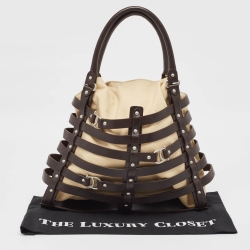 Pre Owned Aigner Brown/Cream Canvas and Leather Damascus Belted Tote