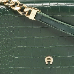 Pre Owned Aigner Green Croc Embossed Leather Logo Flap Shoulder Bag
