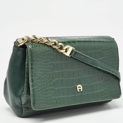 Pre Owned Aigner Green Croc Embossed Leather Logo Flap Shoulder Bag