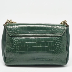 Pre Owned Aigner Green Croc Embossed Leather Logo Flap Shoulder Bag
