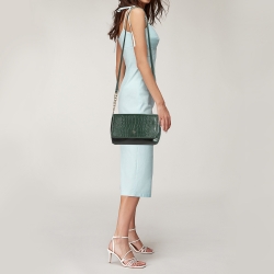 Pre Owned Aigner Green Croc Embossed Leather Logo Flap Shoulder Bag