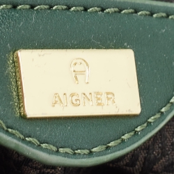 Pre Owned Aigner Green Croc Embossed Leather Logo Flap Shoulder Bag