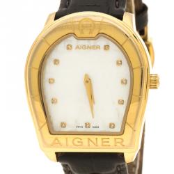 Pre Owned Aigner Mother of Pearl Gold Plated Stainless Steel Verona Women's Wristwatch 34 mm