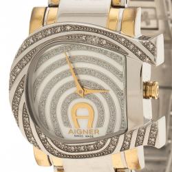 Pre Owned Aigner White Mother of Pearl Stainless Steel and Diamonds Genua Due A31600 Women's Wristwatch 31 mm