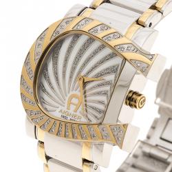 Pre Owned Aigner White Mother of Pearl Stainless Steel and Diamonds Genua Due A31600 Women's Wristwatch 31 mm