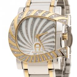 Pre Owned Aigner White Mother of Pearl Stainless Steel and Diamonds Genua Due A31600 Women's Wristwatch 31 mm