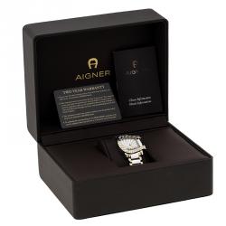 Pre Owned Aigner White Mother of Pearl Stainless Steel and Diamonds Genua Due A31600 Women's Wristwatch 31 mm