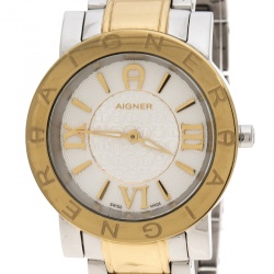 Pre Owned Aigner Silver White Gold-Plated Stainless Steel Cortina A26300 Women's Wristwatch 36 mm