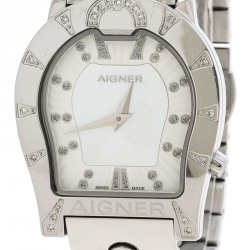 Pre Owned Aigner Mother of Pearl Stainless Steel and Diamonds Ravenna A02400 Women's Wristwatch 30 mm