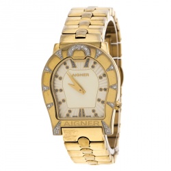 Pre Owned Aigner Yellow Mother of Pearl Gold Plated Steel and Diamonds Ravenna A02400 Women's Wristwatch 30 mm