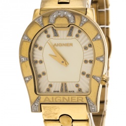 Pre Owned Aigner Yellow Mother of Pearl Gold Plated Steel and Diamonds Ravenna A02400 Women's Wristwatch 30 mm