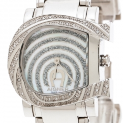 Pre Owned Aigner White Mother of Pearl Stainless Steel and Diamonds Genua Due A31600 Women's Wristwatch 31 mm