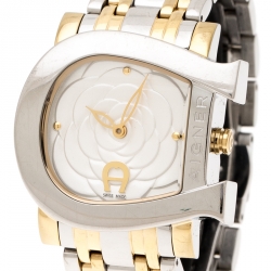 Pre Owned Aigner White Floral Two-Tone Stainless Steel Genua Due A31600 Women's Wristwatch 31 mm