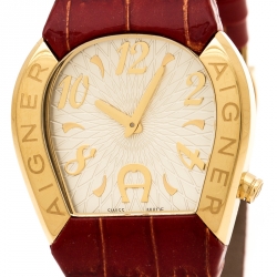 Pre Owned Aigner White Mother of Pearl Gold Plated Stainless Steel Cremona A40200 Women's Wristwatch 36 mm