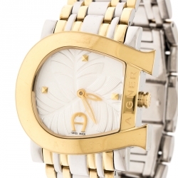 Pre Owned Aigner White Leaves Two-Tone Stainless Steel Genua Due A31600 Women's Wristwatch 31 mm