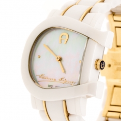 Pre Owned Aigner White Mother of Pearl Two Tone Stainless Steel Ceramic Genua Due A31600 Women's Wristwatch 33 mm