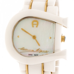 Pre Owned Aigner White Mother of Pearl Two Tone Stainless Steel Ceramic Genua Due A31600 Women's Wristwatch 33 mm
