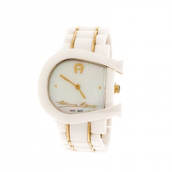 Pre Owned Aigner White Mother of Pearl Two Tone Stainless Steel Ceramic Genua Due A31600 Women's Wristwatch 33 mm
