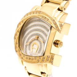 Pre Owned Aigner White Mother of Pearl Gold Plated Stainless Steel Diamonds Genua Due A31600 Women's Wristwatch 31 mm