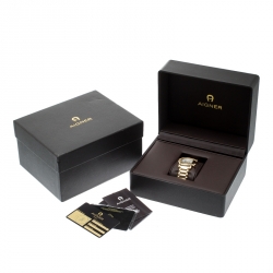 Pre Owned Aigner White Mother of Pearl Gold Plated Stainless Steel Diamonds Genua Due A31600 Women's Wristwatch 31 mm