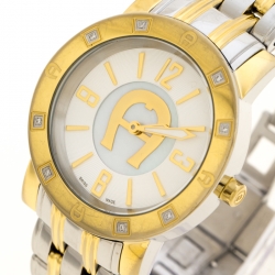 Pre Owned Aigner White Mother of Pearl Two-Tone Stainless Steel Diamonds Cortina A26300 Women's Wristwatch 36 mm