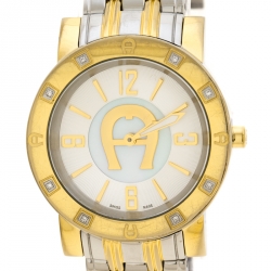 Pre Owned Aigner White Mother of Pearl Two-Tone Stainless Steel Diamonds Cortina A26300 Women's Wristwatch 36 mm