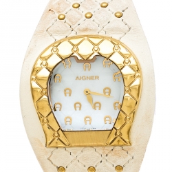 Pre Owned Aigner White Mother of Pearl Gold Plated Stainless Steel L'Aquila A41200 Women's Wristwatch 36 mm