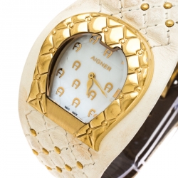 Pre Owned Aigner White Mother of Pearl Gold Plated Stainless Steel L'Aquila A41200 Women's Wristwatch 36 mm