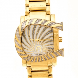 Pre Owned Aigner White Mother of Pearl Gold Plated Stainless Steel Diamonds Genua Due A31600 Women's Wristwatch 31 mm