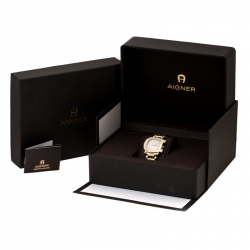 Pre Owned Aigner White Mother of Pearl Gold Plated Stainless Steel Diamonds Genua Due A31600 Women's Wristwatch 31 mm