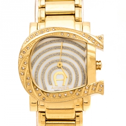 Pre Owned Aigner White Mother of Pearl Gold Plated Stainless Steel Diamonds Genua Due A31600 Women's Wristwatch 31 mm