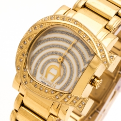 Pre Owned Aigner White Mother of Pearl Gold Plated Stainless Steel Diamonds Genua Due A31600 Women's Wristwatch 31 mm