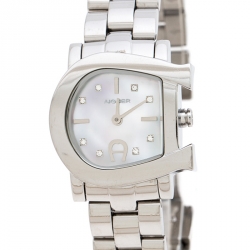 Pre Owned Aigner White Mother of Pearl Stainless Steel Genua Due A31000 Women's Wristwatch 26 mm