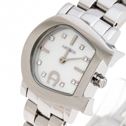 Pre Owned Aigner White Mother of Pearl Stainless Steel Genua Due A31000 Women's Wristwatch 26 mm