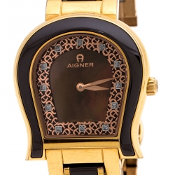 Pre Owned Aigner Brown Mother of Pearl Brown Ceramic Gold Plated Stainless Steel Altamura A56000 Women's Wristwatch 34 mm