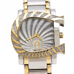 Pre Owned Aigner Mother of Pearl Two-Tone Stainless Steel Diamonds Genua Due A31600 Women's Wristwatch 31 mm