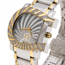 Pre Owned Aigner Mother of Pearl Two-Tone Stainless Steel Diamonds Genua Due A31600 Women's Wristwatch 31 mm