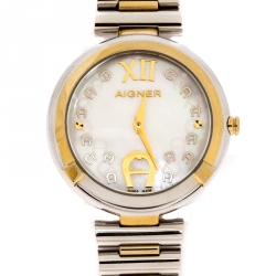 Pre Owned Aigner Mother Of Pearl Two-Tone Stainless Steel Gorizia A106200 Women's Wristwatch 33 mm