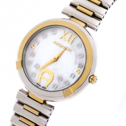 Pre Owned Aigner Mother Of Pearl Two-Tone Stainless Steel Gorizia A106200 Women's Wristwatch 33 mm