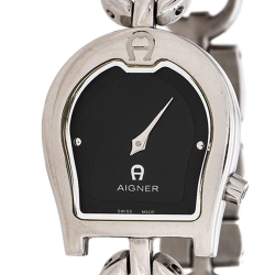 Pre Owned Aigner Black Stainless Steel Leather Perugia A07200 Women's Wristwatch 24.50 mm