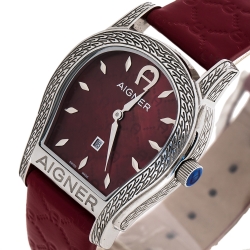 Pre Owned Aigner Red Mother Of Pearl Stainless Steel Bergamo A137201 Women's Wristwatch 34 mm