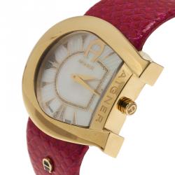 Pre Owned Aigner Genua Quartz Mother Of Pearl Diamond Dial Gold Tone Stainless Steel Pink Leatjher Womens Watch 37 MM