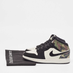 Pre Owned Air Jordans Multicolor Leather and Suede Air Jordan 1 Mid SE Camo Sneakers Size 37.5