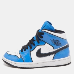 Pre Owned Air Jordans Tricolor Patent and Leather Air Jordan 1 Mid Signal Blue Sneakers Size 40